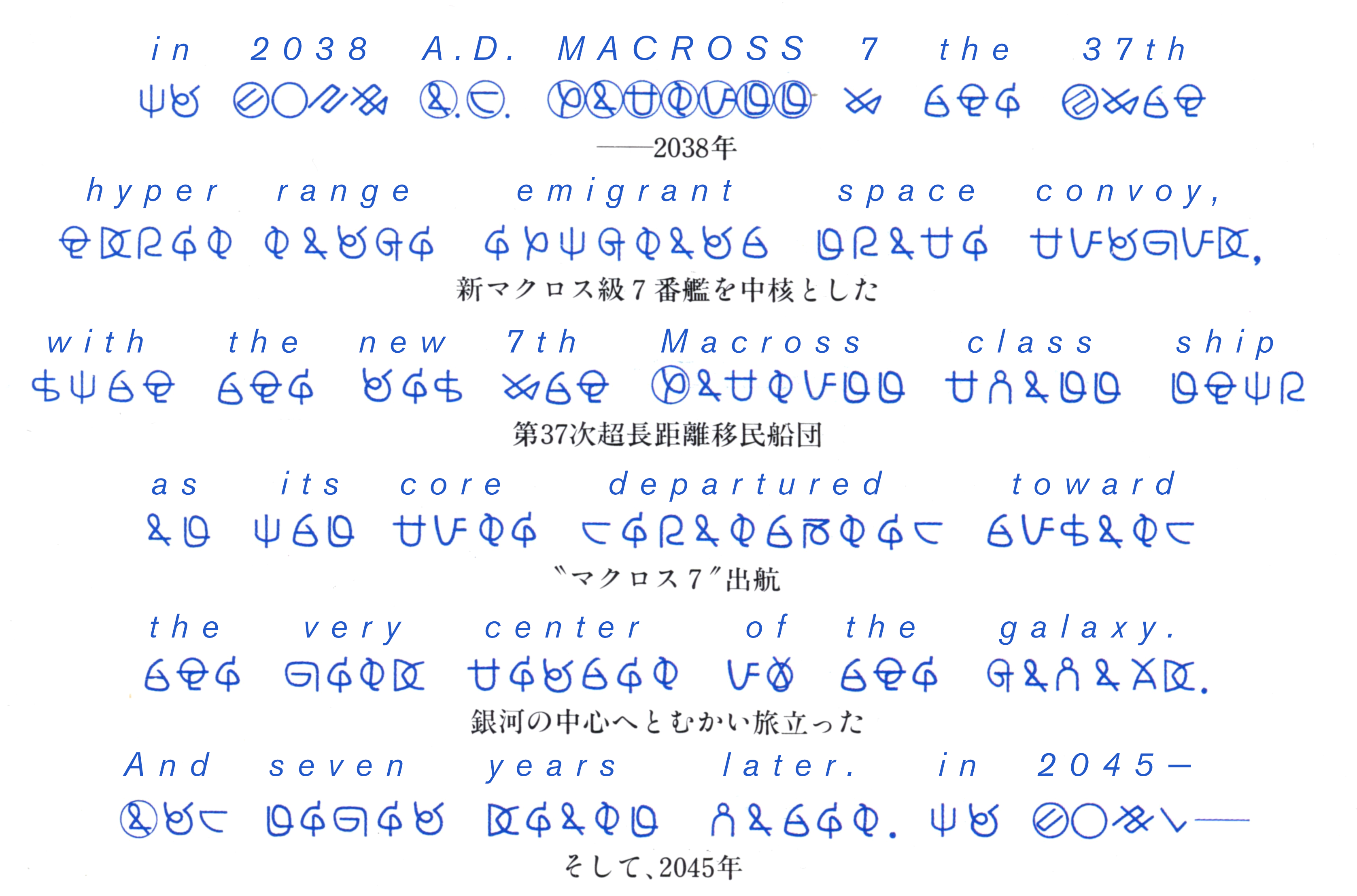 A page from one of the Animation Macross books, with the "recap" message for Macross 7's beginnings. It features an English translation, Zentradi original and Japanese original.