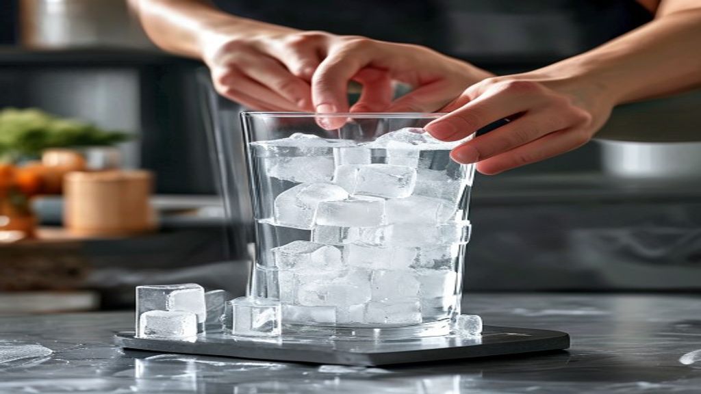 Person scooping fresh cubelets from a home ice maker into a tall glass