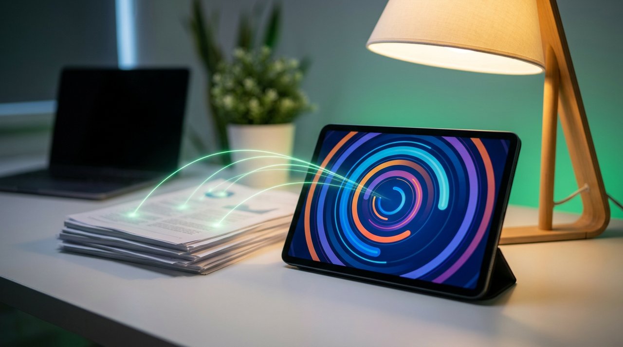 A tablet playing an animated explainer beside a stack of printed documents