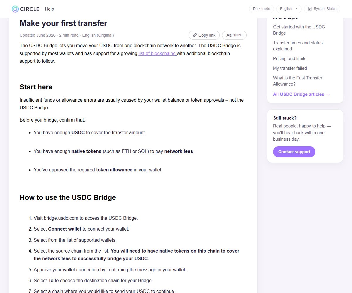 Circle 전송 도움말에 적힌 USDC 잔액과 가스용 토큰, 승인 한도 준비 항목