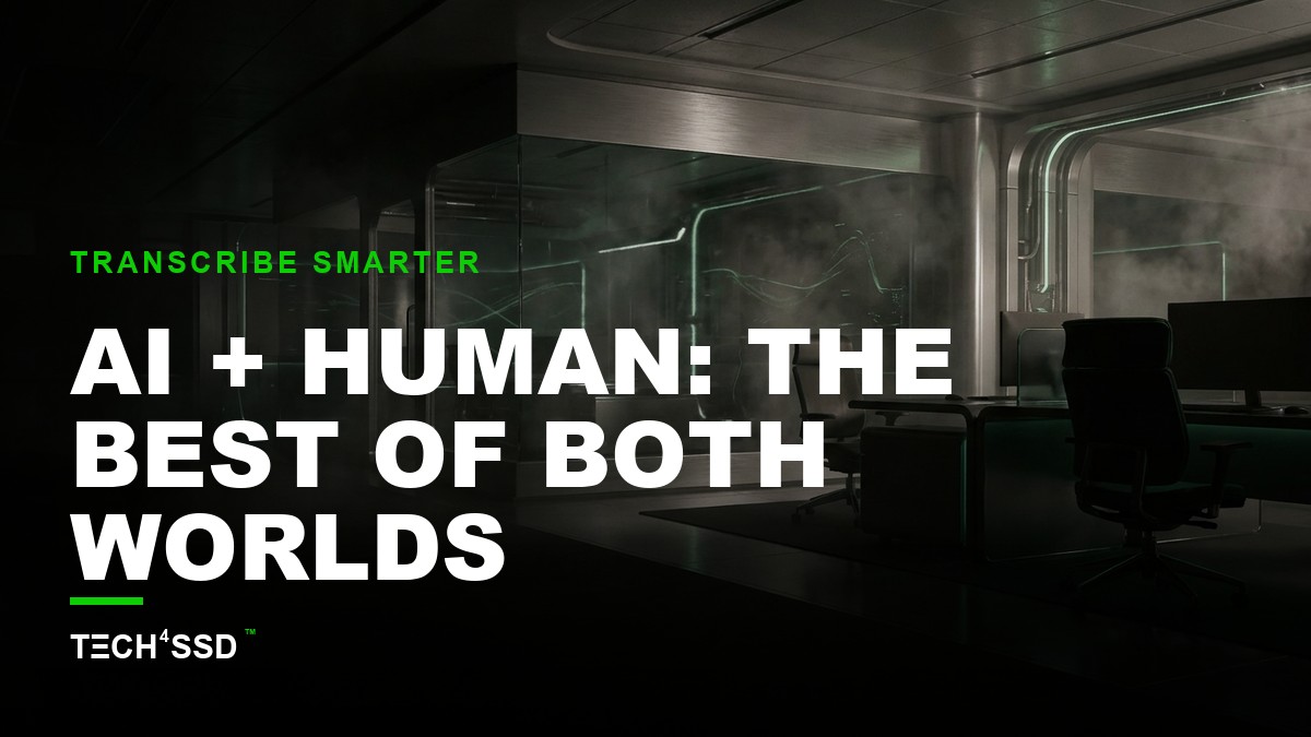 A split image showing a futuristic AI interface with waveforms and text on one side, and a human transcriber wearing headphones, focused on a screen with medical or legal documents on the other, with a glowing line connecting them, symbolizing hybrid AI-human transcription.