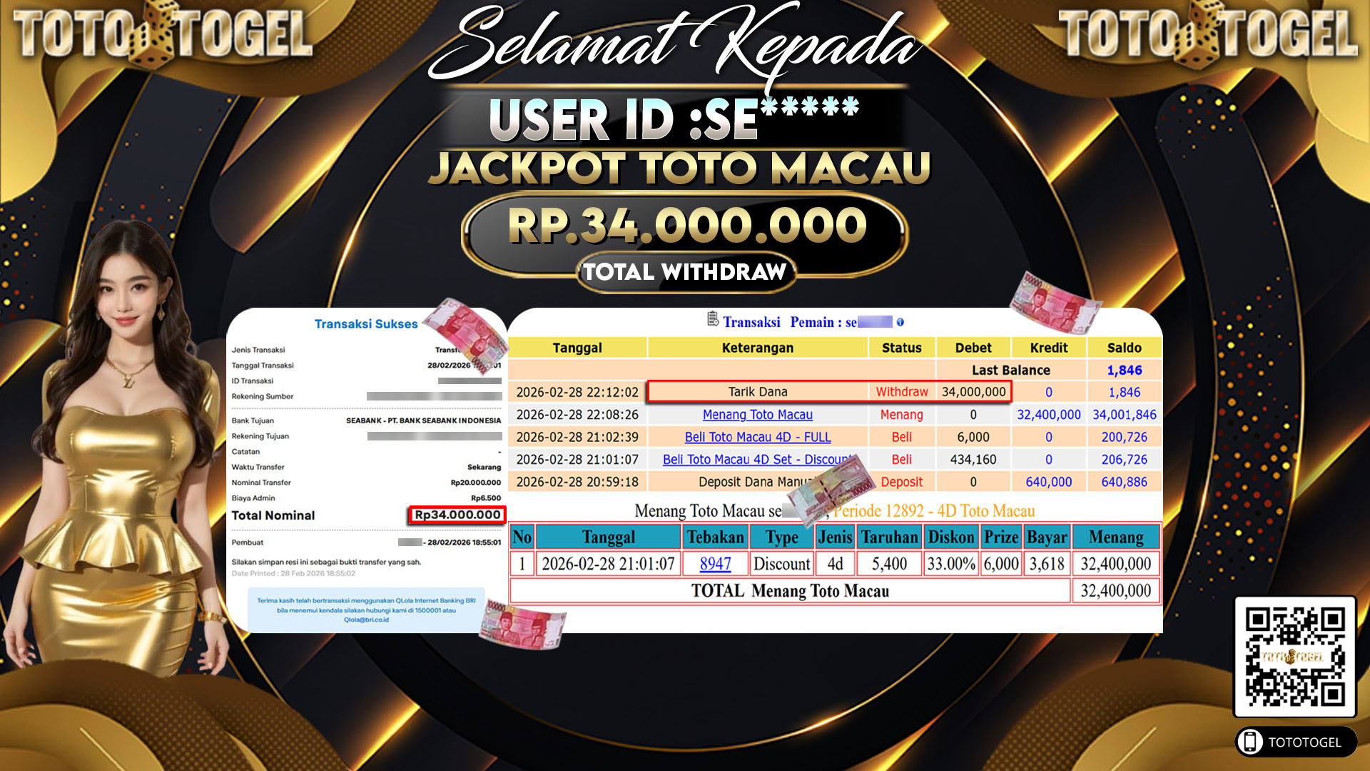 Bukti Pembayaran Jackpot Permainan Togel Toto Macau ID:SE*****LUNAS