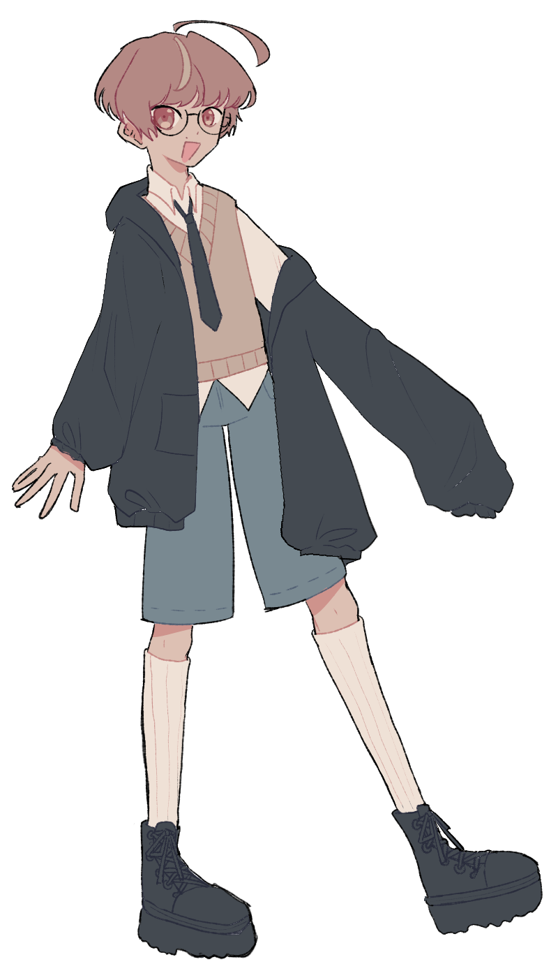 full body drawing of a dark skinned boy with brown hair and eyes wearing loose clothes and round glasses