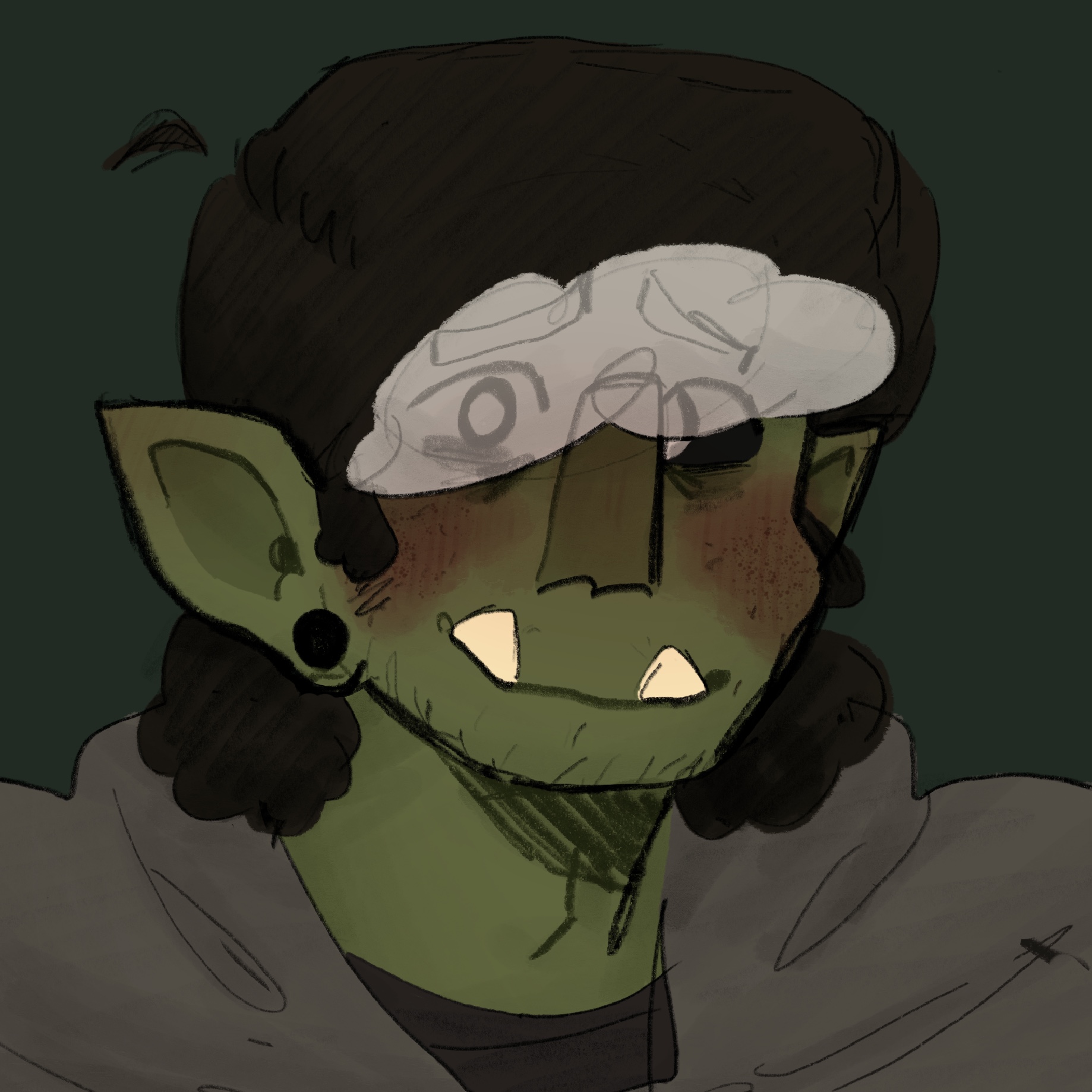 a coloured headshot sketch of gorgug. he is a half-orc with green, pimpled skin, and shoulder-length, shaggy brown hair, and his bangs are white and covering his eyes, which have bags under them. the sclera of his eyes are black, the irises are a light grey, and the pupils are white. due to the art style, you can see the outline of his eyes and thick eyebrows through his bangs. he has a long nose and big, pointy ears that have black, solid gauges in the earlobes. he also has a visible adam’s apple, a strong jaw with a bit of stubble on it, and has two large, yellowed teeth poking up out of his smiling mouth. he is wearing a grey pull-over hoodie over a black t-shirt, and he is looking at the viewer with a nervous, closed-mouthed smile.