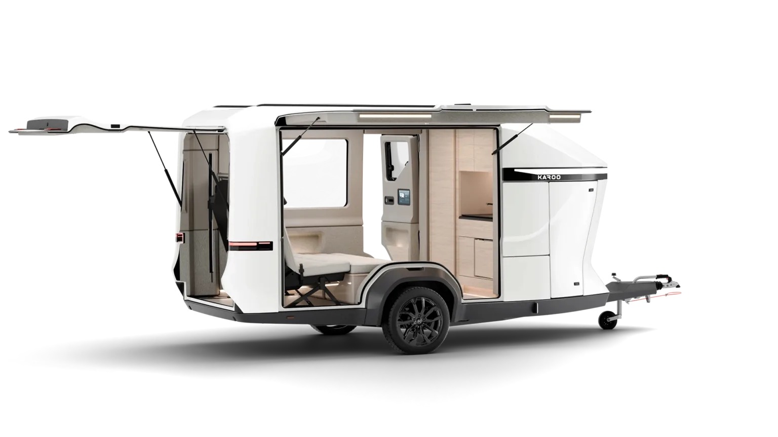 Karoo Camper 側門、後門與遮棚完全展開的官方產品示意圖
