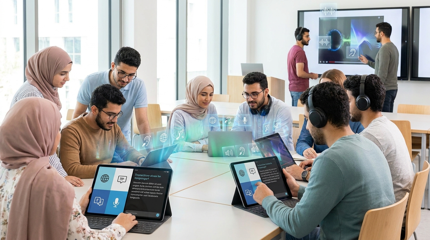 Students using AI for accessibility features like real-time translation and audio descriptions