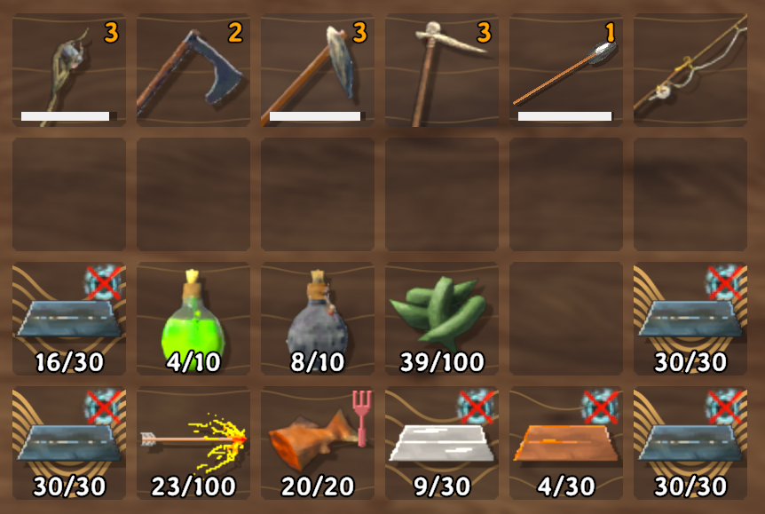 Wave patterns behind inventory items, with stronger patterns behind heavy metal stacks.