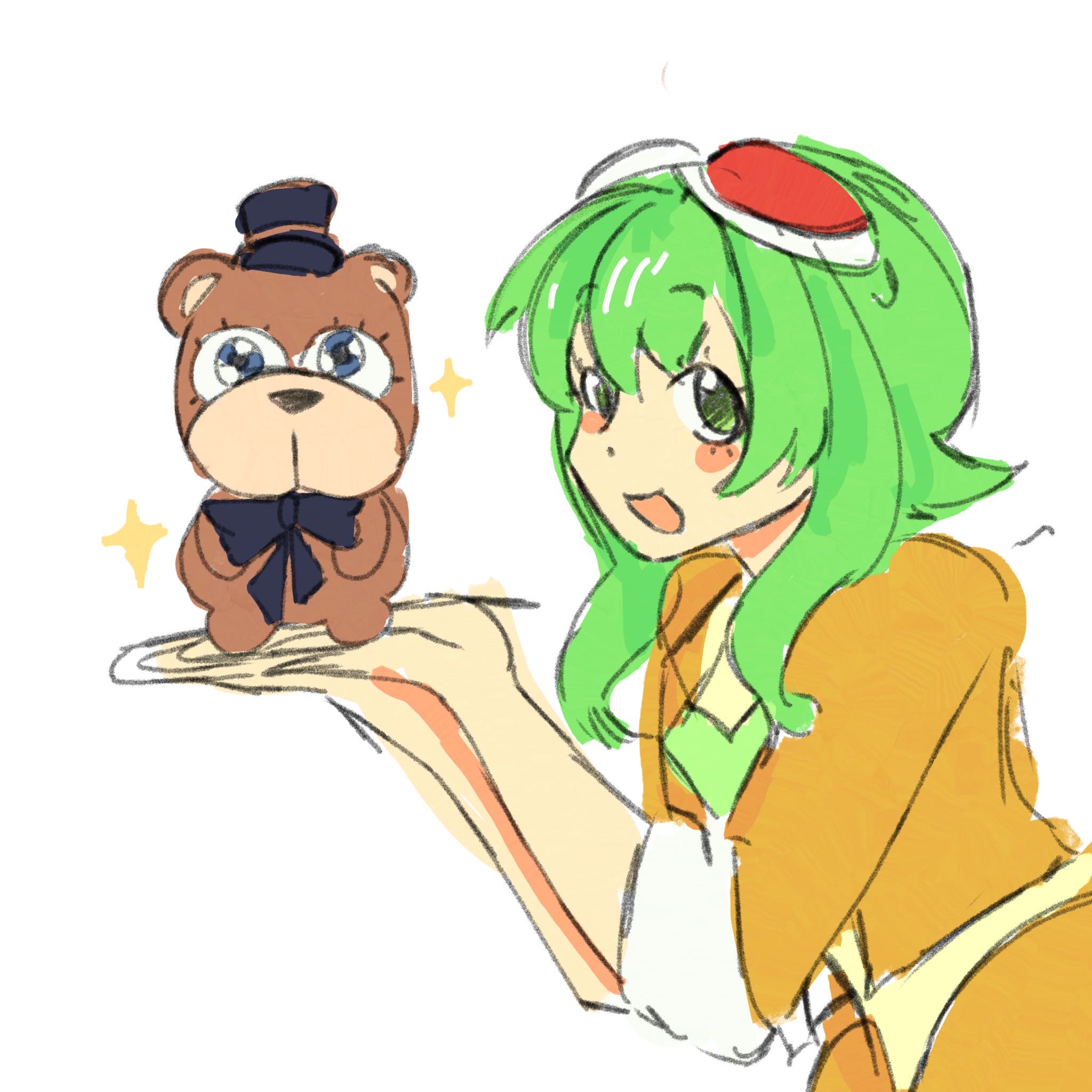 gumi holding freddy fazbear. by AK1H0NA on twt.