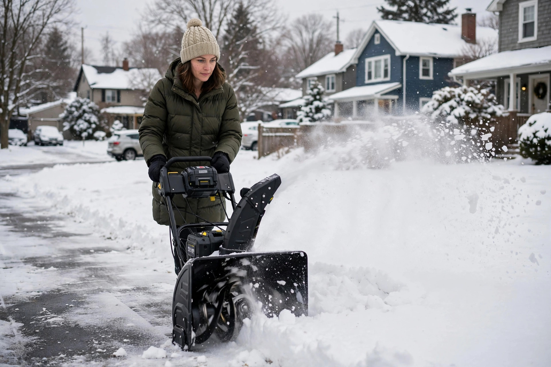 Woman operating the EGO SNT2405 snow blower on a snowy suburban driveway