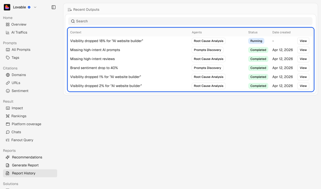 The Report History list
