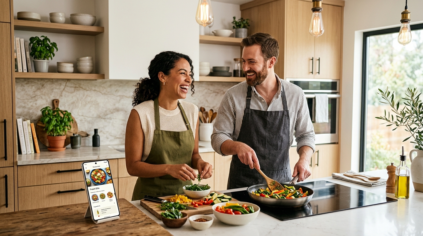 Casal feliz cozinhando na cozinha