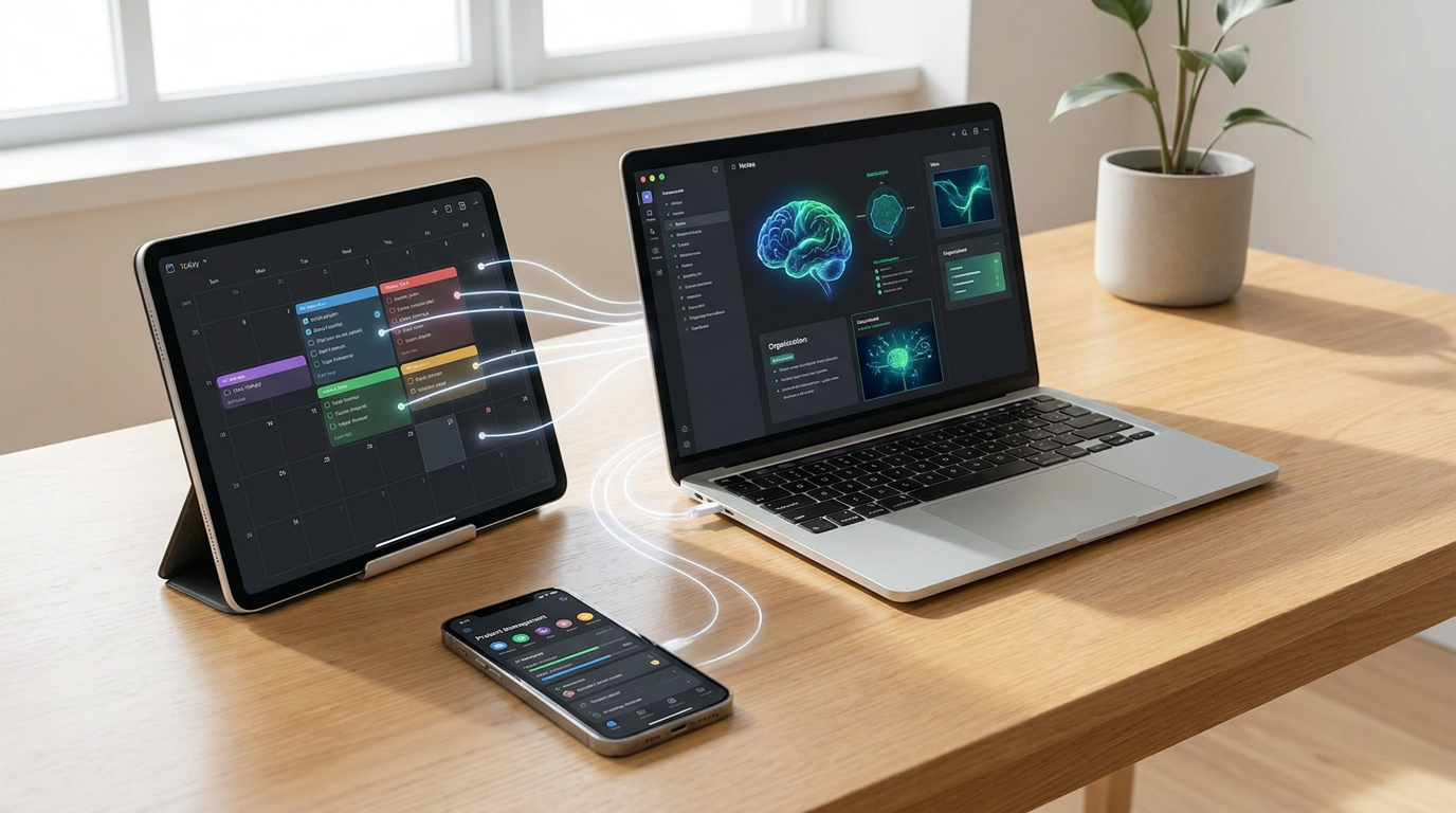 Desk setup showing AI note-taking app integrated with calendar and project management, representing automated workflow