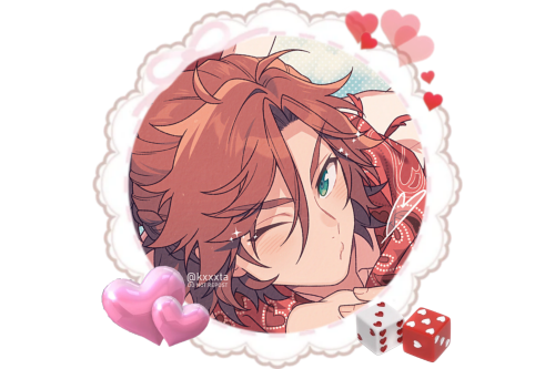 art by tumblr/twitter user kxxxta of madara mikejima leaning towards the viewer, winking and blowing a kiss . he's wearing a cowboy outfit that's only somewhat visible, with a red paisley neckerchief and white jacket . around the art is a white border that looks like lace; in the top left corner there's a small pink ribbon, in the bottom left there's two pink heart ballons; in the bottom right there's a red and a white die, both have their dots replaced with hearts, and in the top right there's a few red hearts of varying transparency