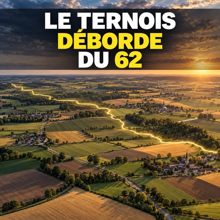 Vue aérienne d'un paysage rural avec des champs, des villages et une route sinueuse, baignés par la lumière du soleil couchant.