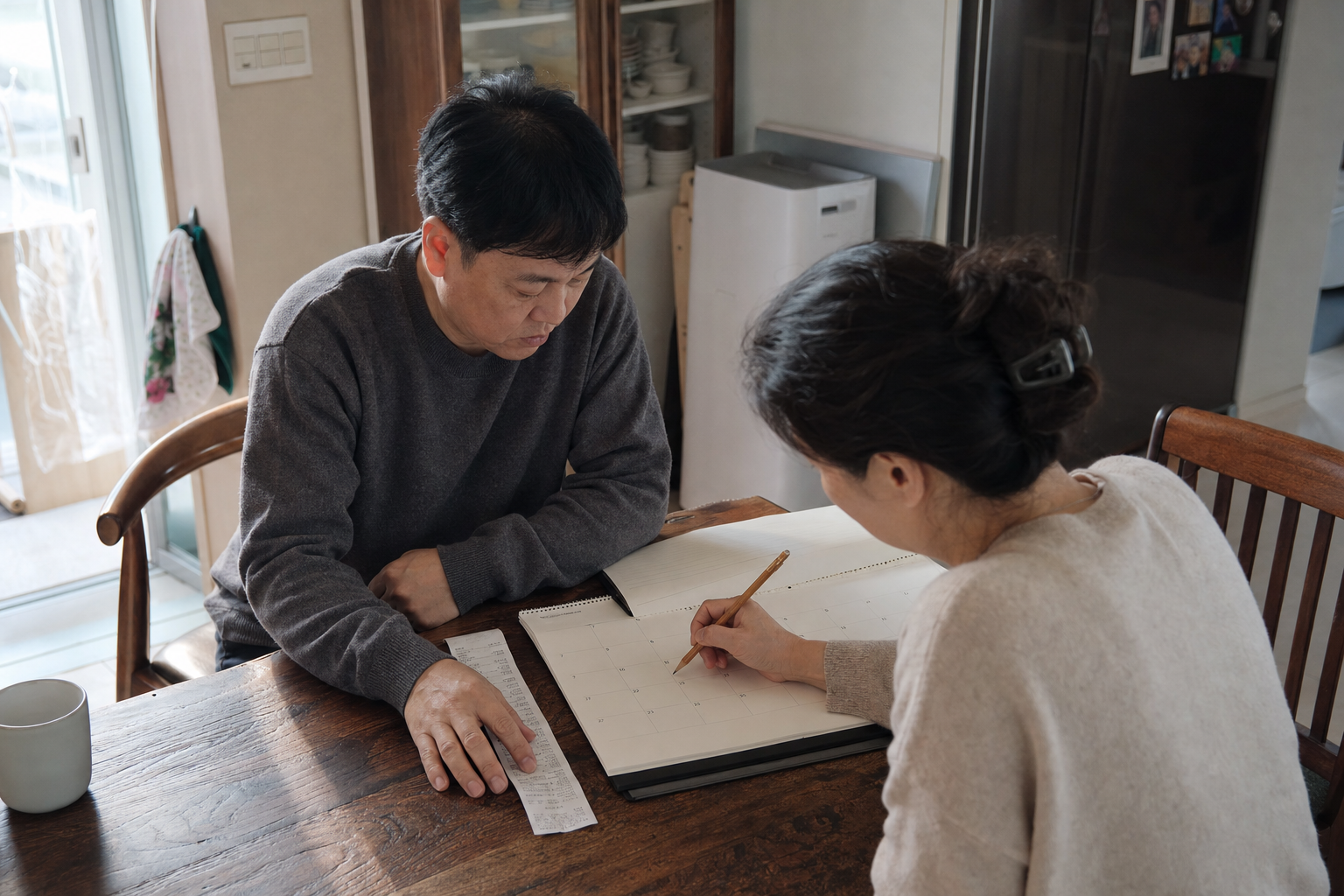 영수증과 이용일수로 헬스장 환불액을 계산하는 부부