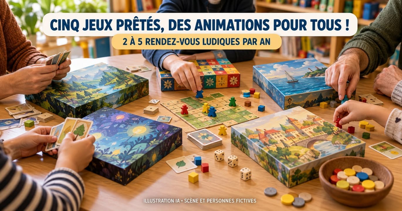 Plusieurs mains manipulent des cartes, des dés et des pions colorés autour de plusieurs boîtes de jeux de société posées sur une table en bois.
