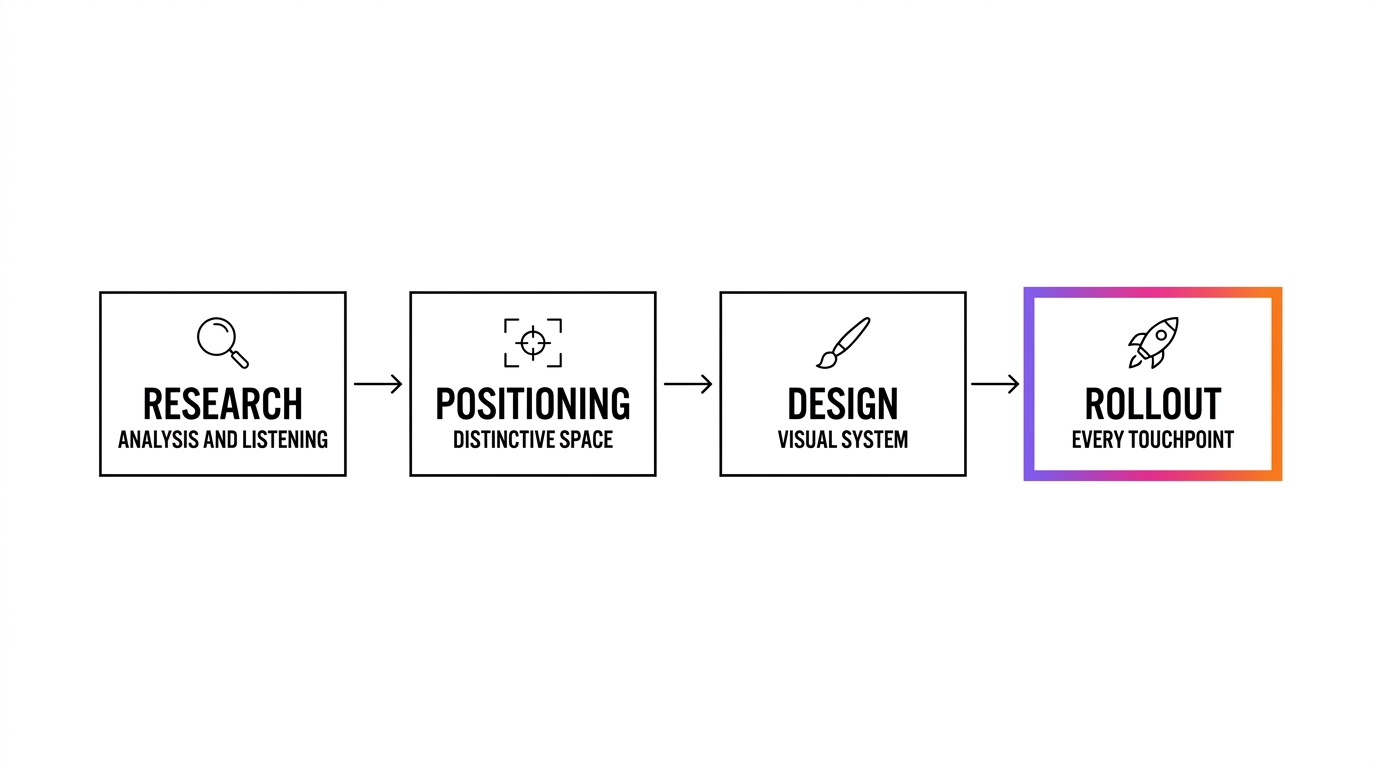 Diagram of the four phases of the brand identity process: research, positioning, design and rollout