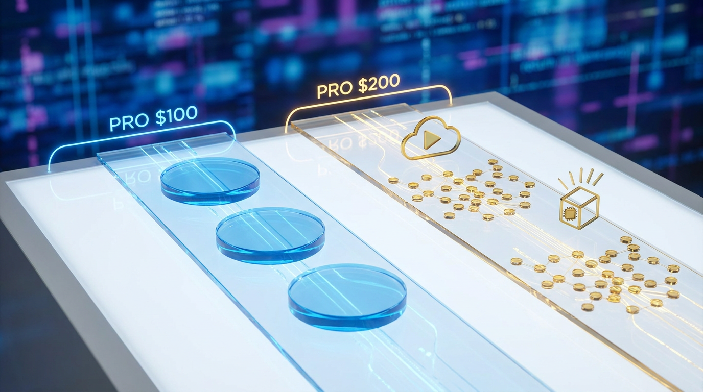 Infographic comparing ChatGPT Pro $100 and Pro $200 plans, highlighting their differing usage limits and exclusive features like Sora and a 1M token context window.