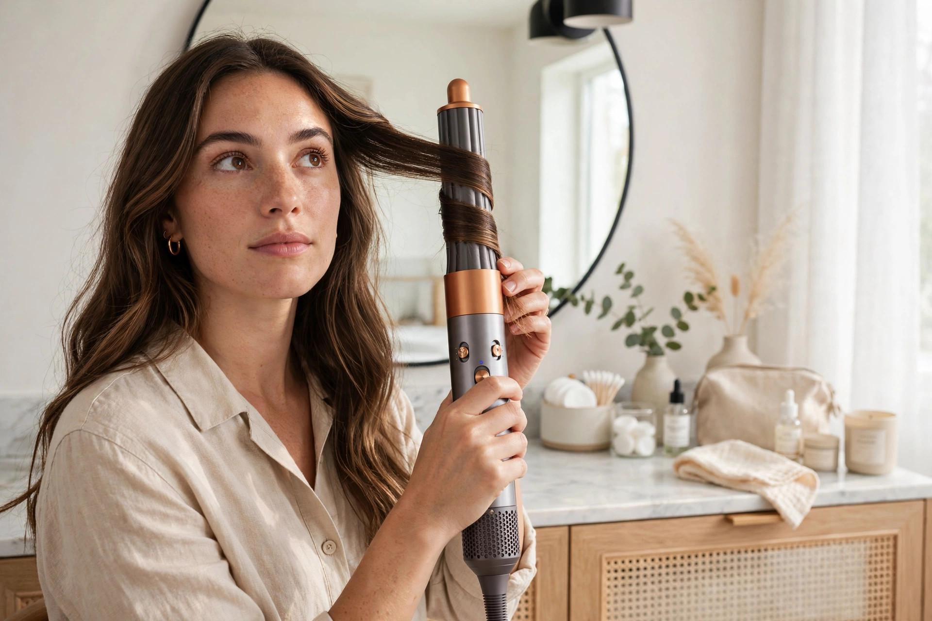 Woman styling long hair with the Dyson Airwrap curling barrel at a vanity