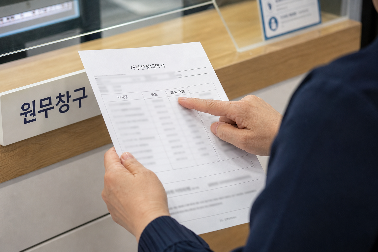 세부산정내역서에서 약제명과 급여 구분을 확인하는 장면