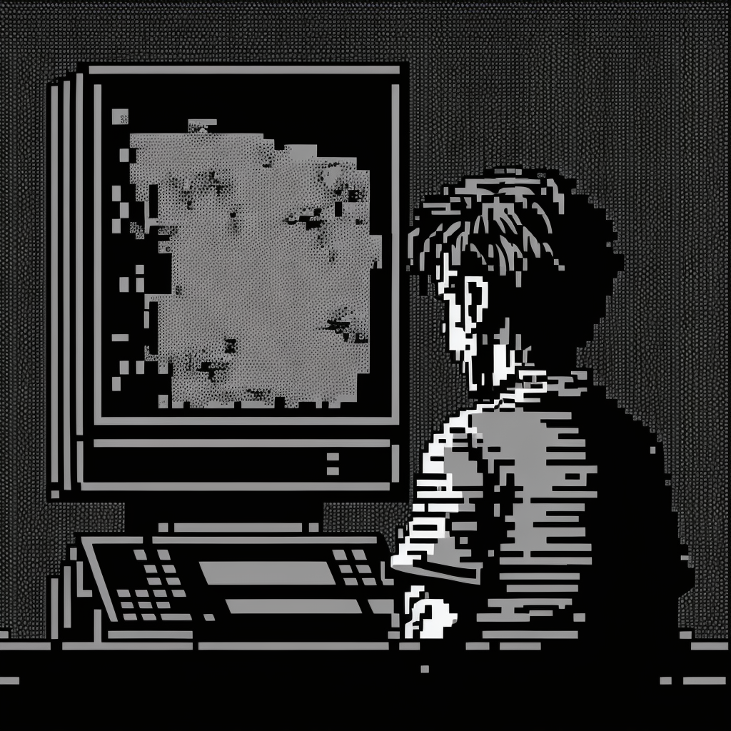 a man staring at a computer. black and white. 8-bit. black background. monochrome. pixel art