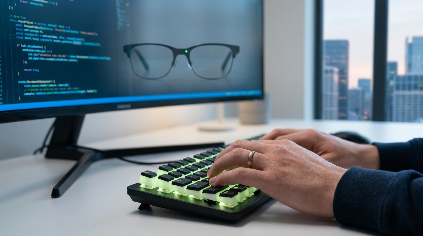 Developer coding for AI smart glasses, reflecting innovation and the developer platform opportunity.