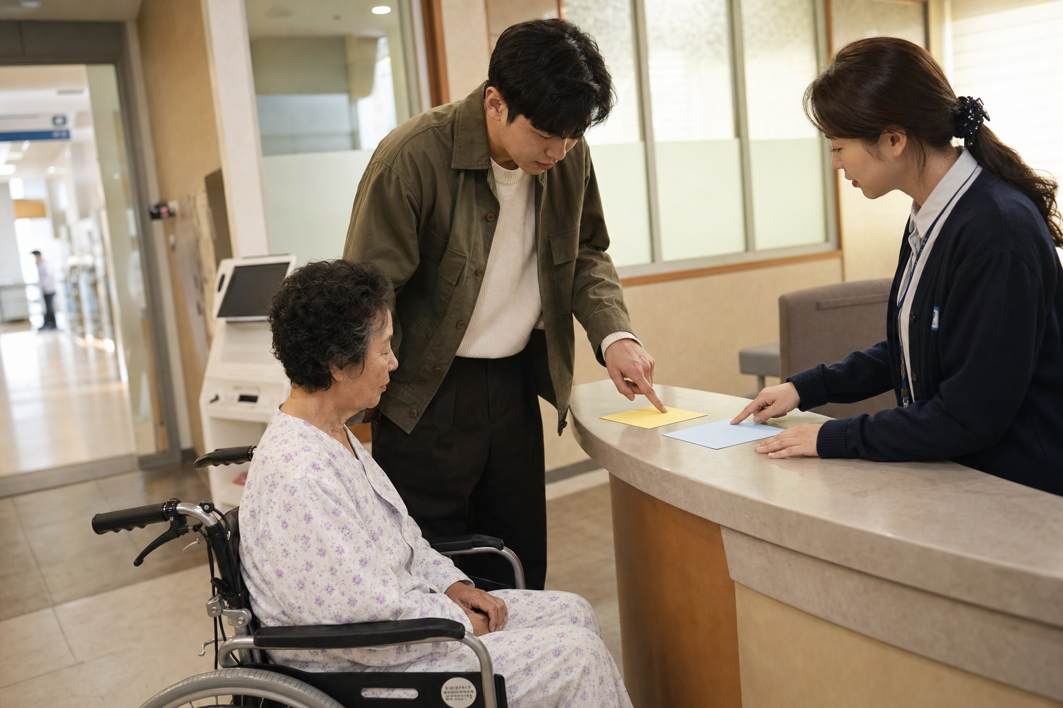 입원 전에 통합병동 예상 본인부담을 확인하는 상담 장면
