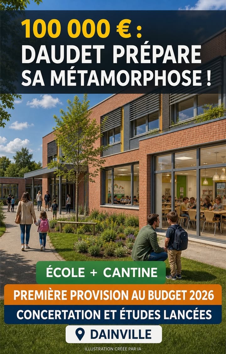 Bâtiment scolaire en brique rouge avec grandes baies vitrées, enfants et adultes dans la cour, sous un ciel bleu.