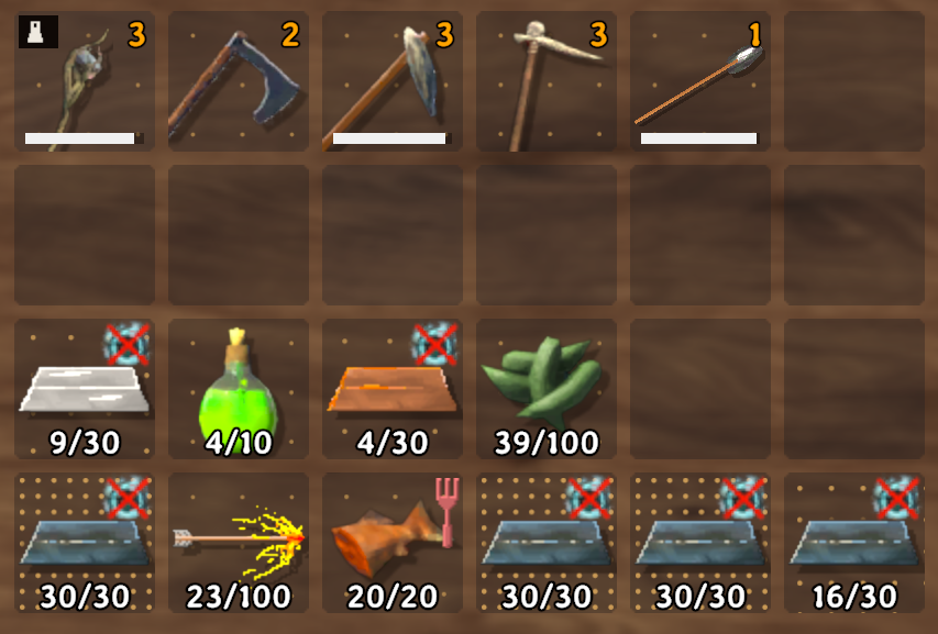 Sparse dots behind lighter items and denser dots behind full metal stacks.