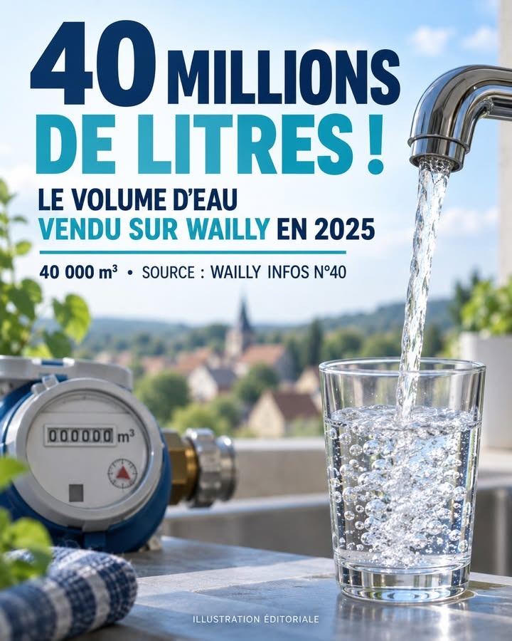 Un robinet verse de l'eau dans un verre posé sur un rebord, avec un compteur d'eau en premier plan et une ville floue en arrière-plan.