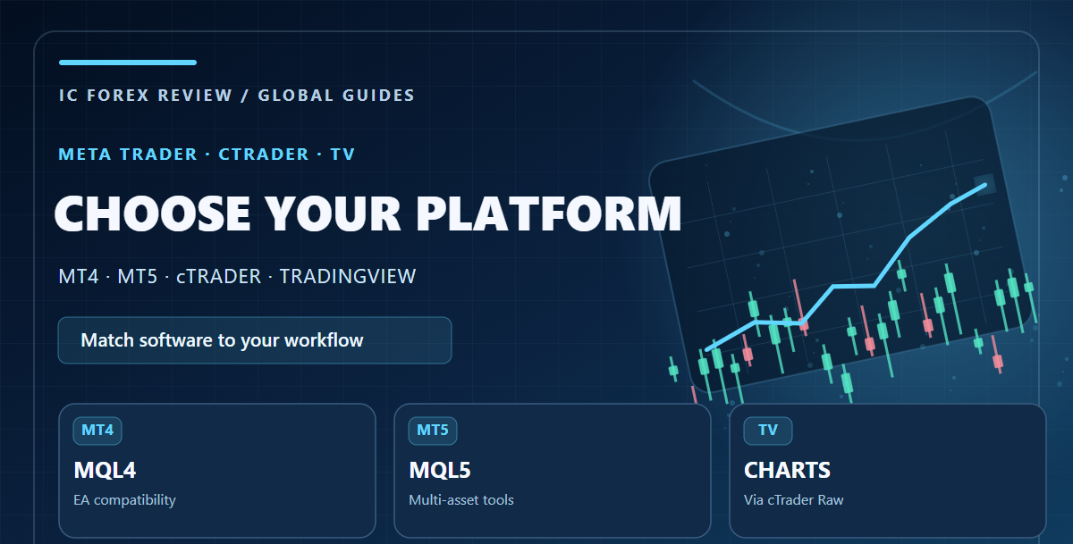 IC Markets platform comparison infographic with MT4 MT5 cTrader and TradingView professional trading dashboard