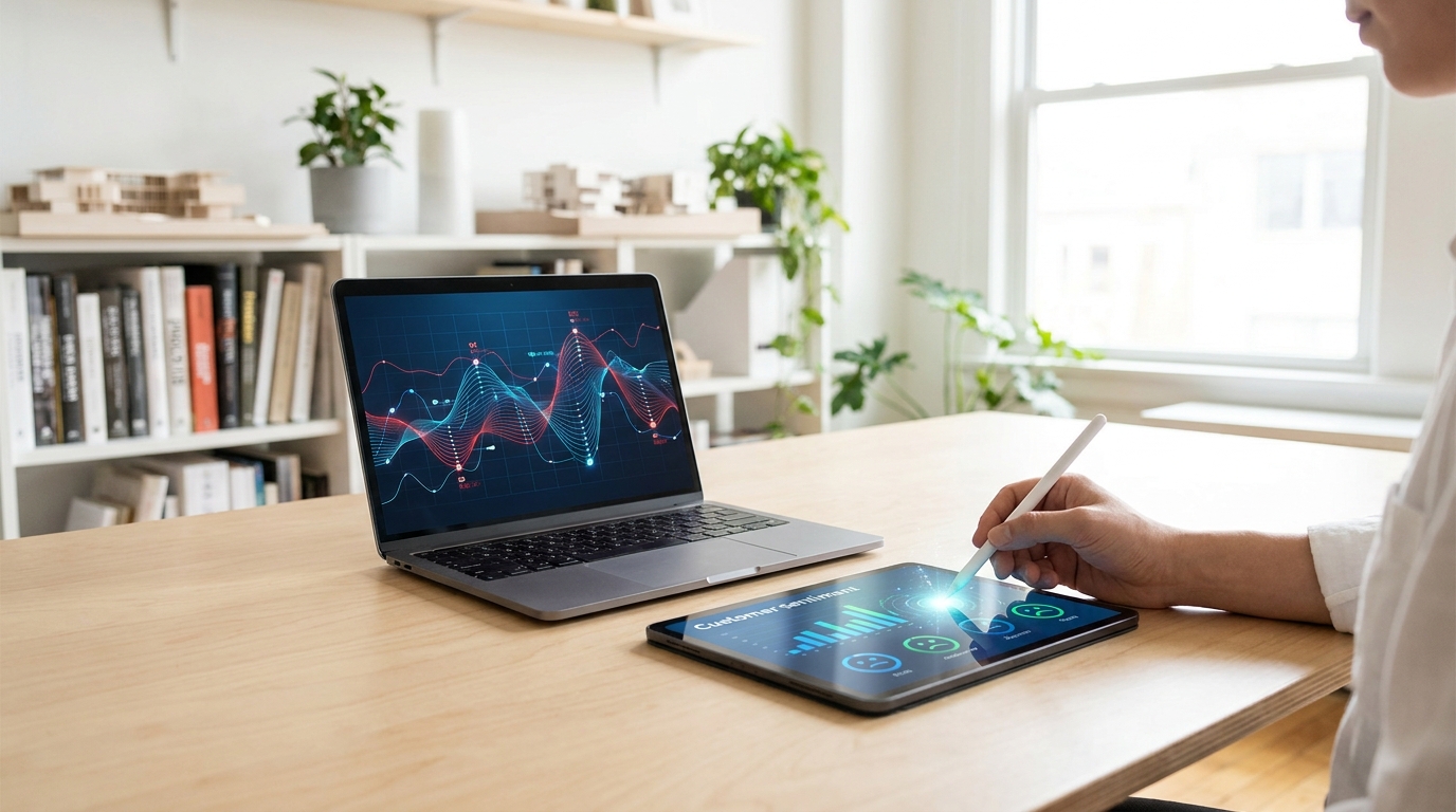 Laptop displaying AI market research graphs and data visualizations, with a hand pointing at a trend.