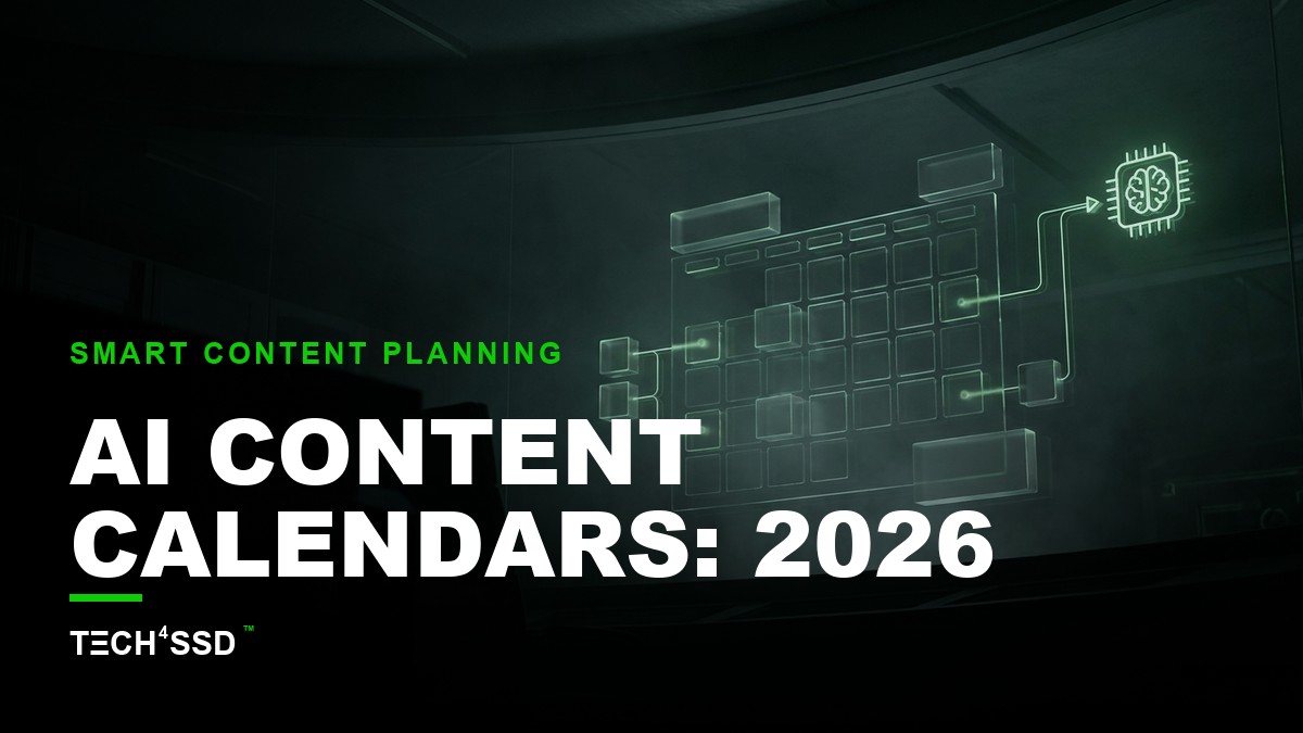 Futuristic digital calendar interface glowing with AI-generated content ideas and scheduled posts, overlaid with a subtle network of connecting lines representing automated workflows, with an abstract AI symbol gesturing towards the calendar, dark and moody with subtle neon-green accent lighting, empty darker space lower-left, no text in image.