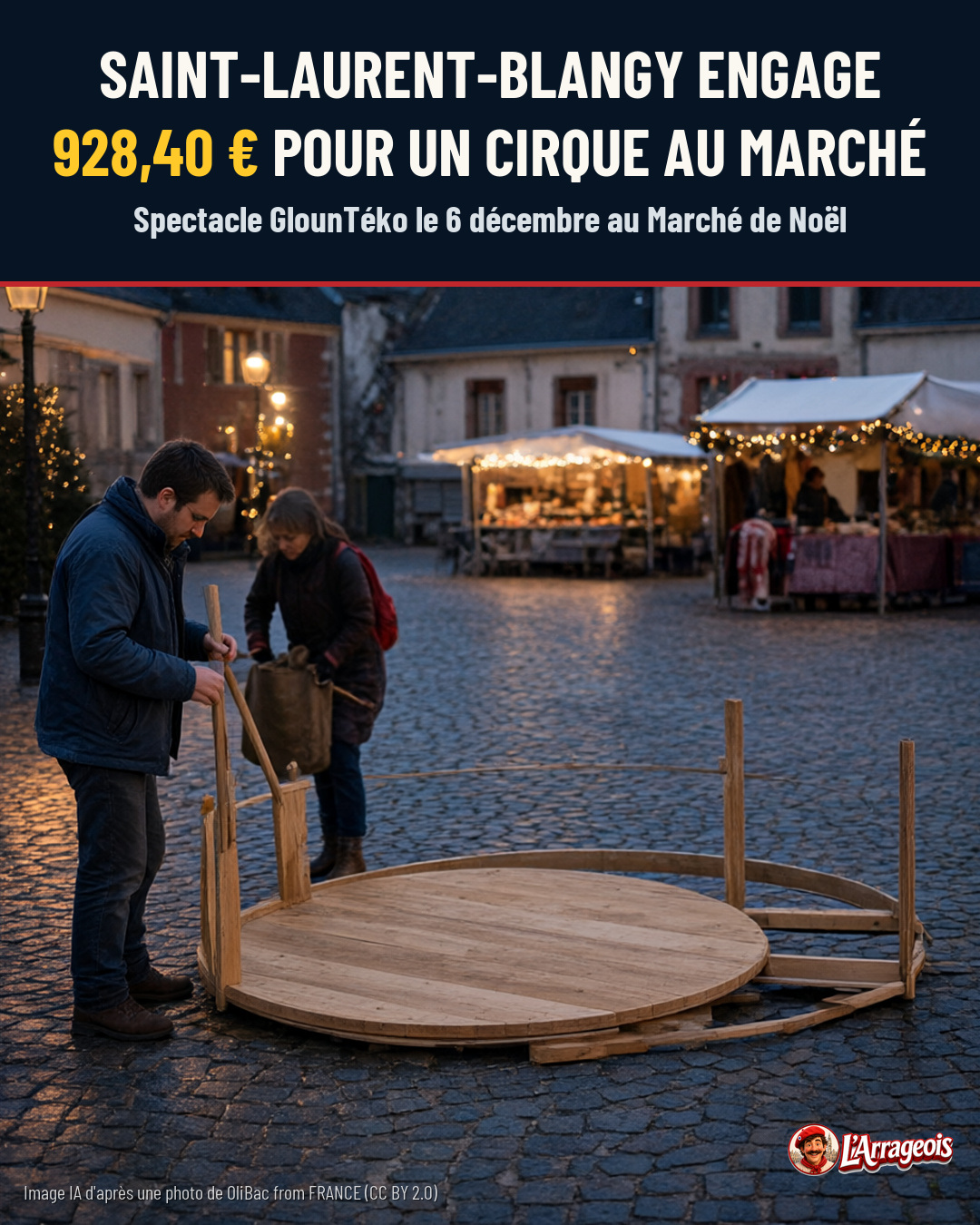 Deux personnes assemblent une petite scène circulaire en bois sur une place pavée, devant des étals illuminés d'un marché de Noël.