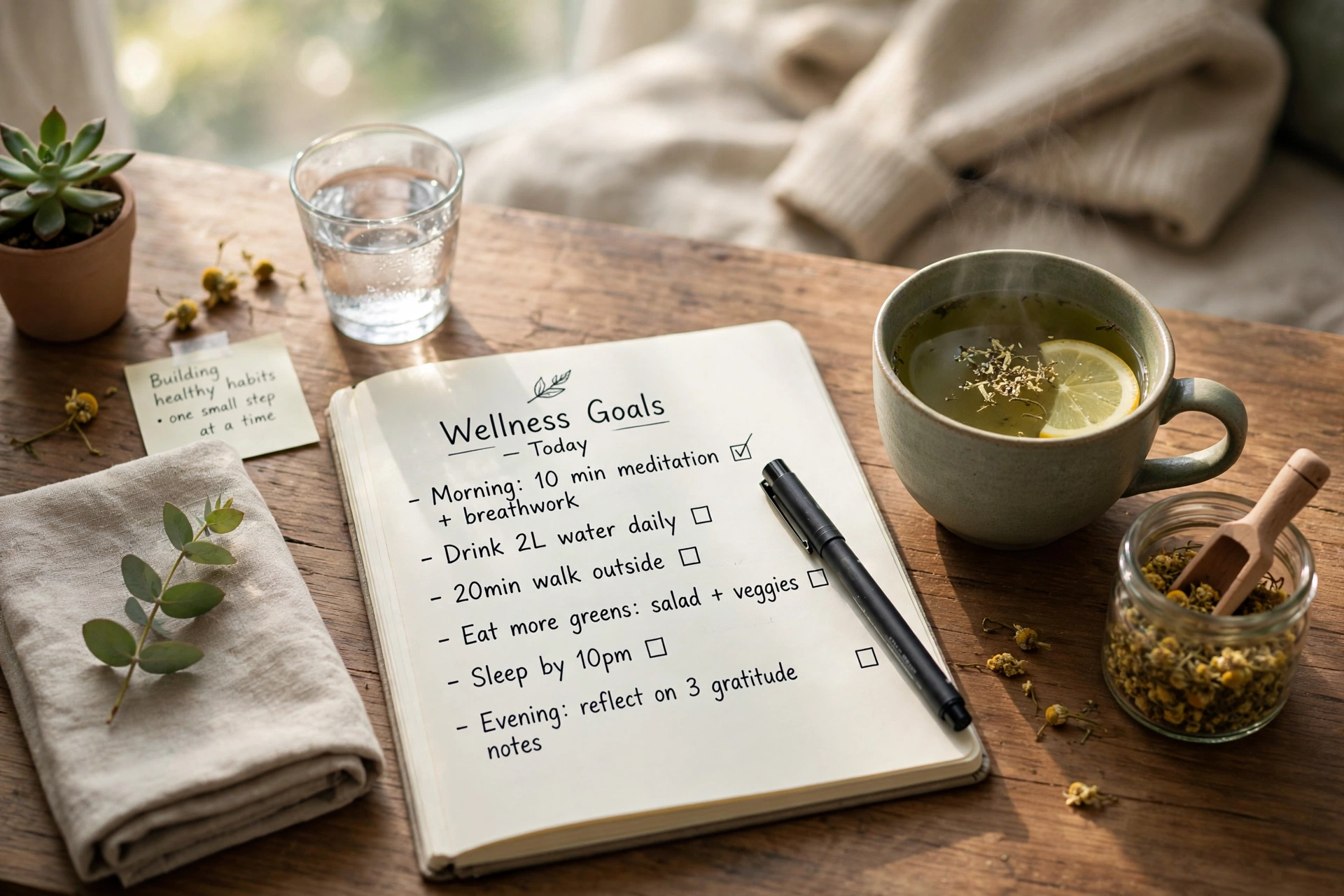 Mindful journaling and herbal tea — healthy habit building with a wellness coach in Gurgaon
