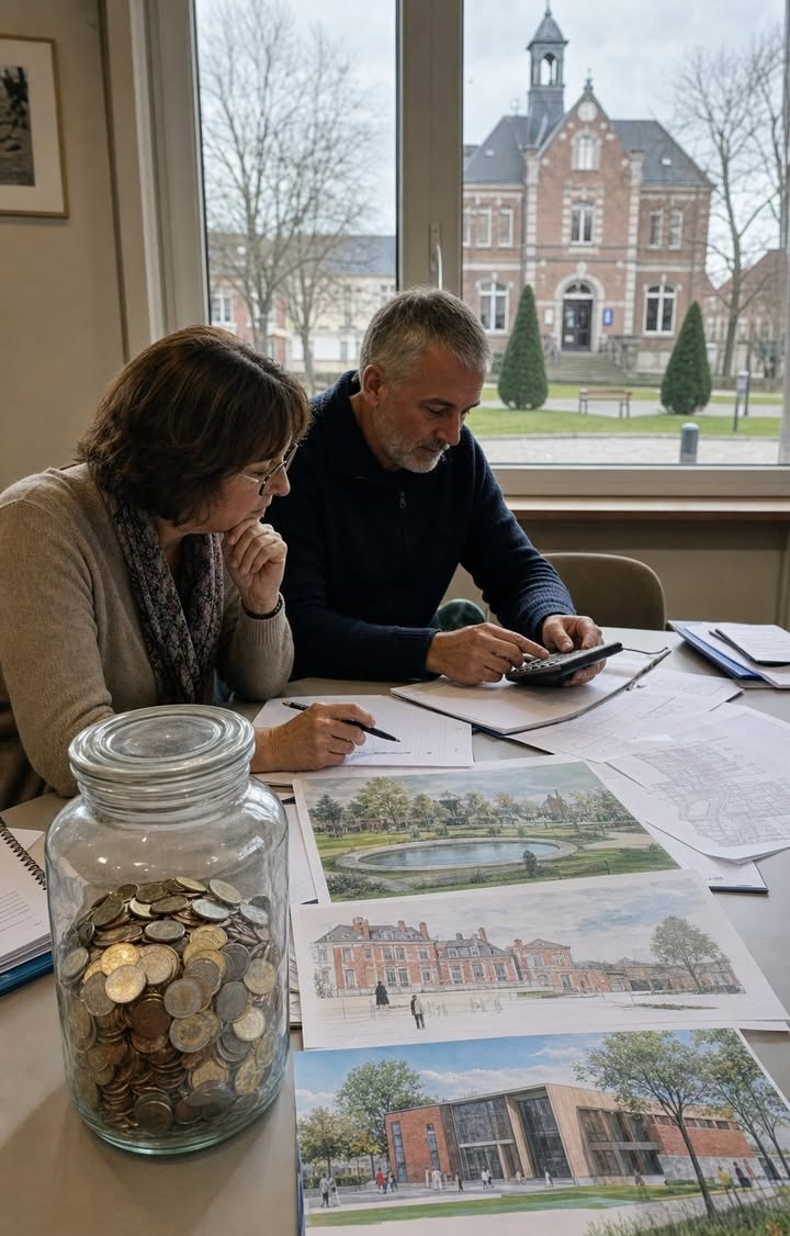 Un couple examine des plans d'aménagement et des rendus architecturaux à une table, près d'un bocal de pièces de monnaie.