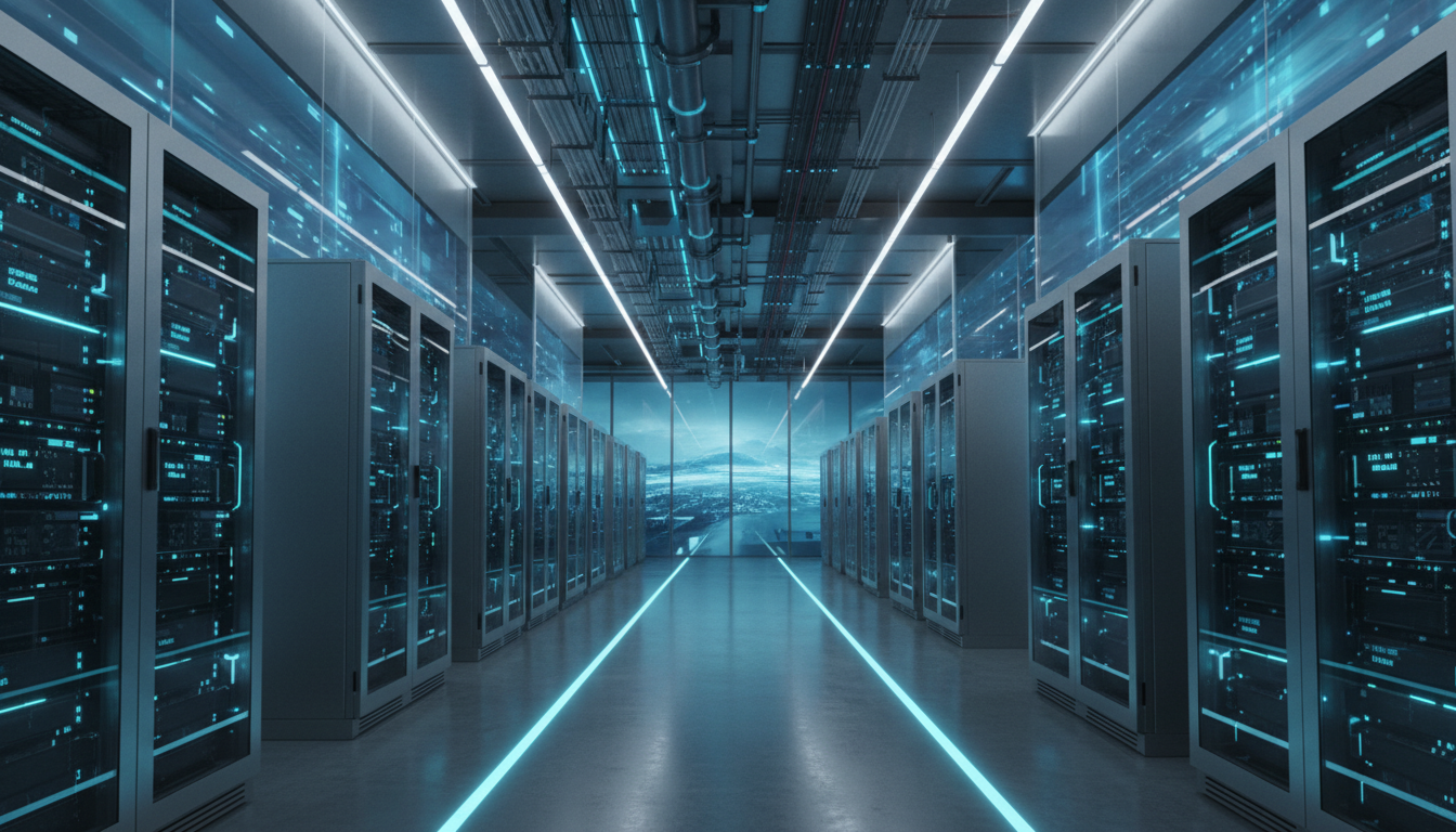 Modern datacenter met serverracks en blauwe LED verlichting als symbool voor cloud hosting bij Shopify Plus