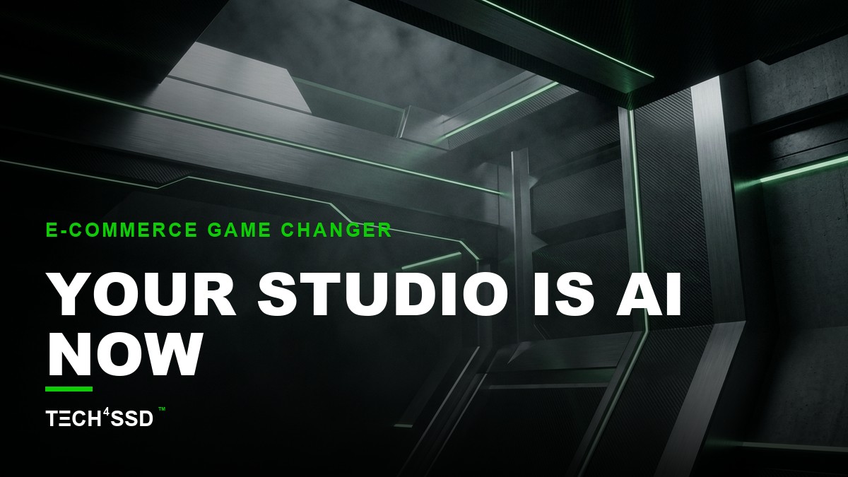 AI product photography software interface with a sleek product rendered in a hyper-realistic studio setting, glowing digital elements.
