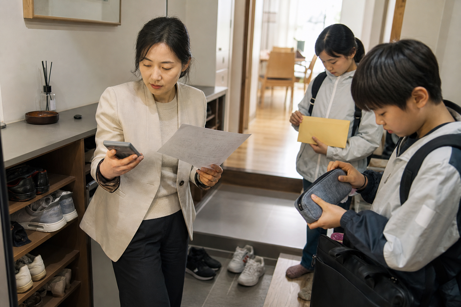 큐넷 시험 출발 전 수험표·신분증·필기구·계산기를 따로 점검하는 장면