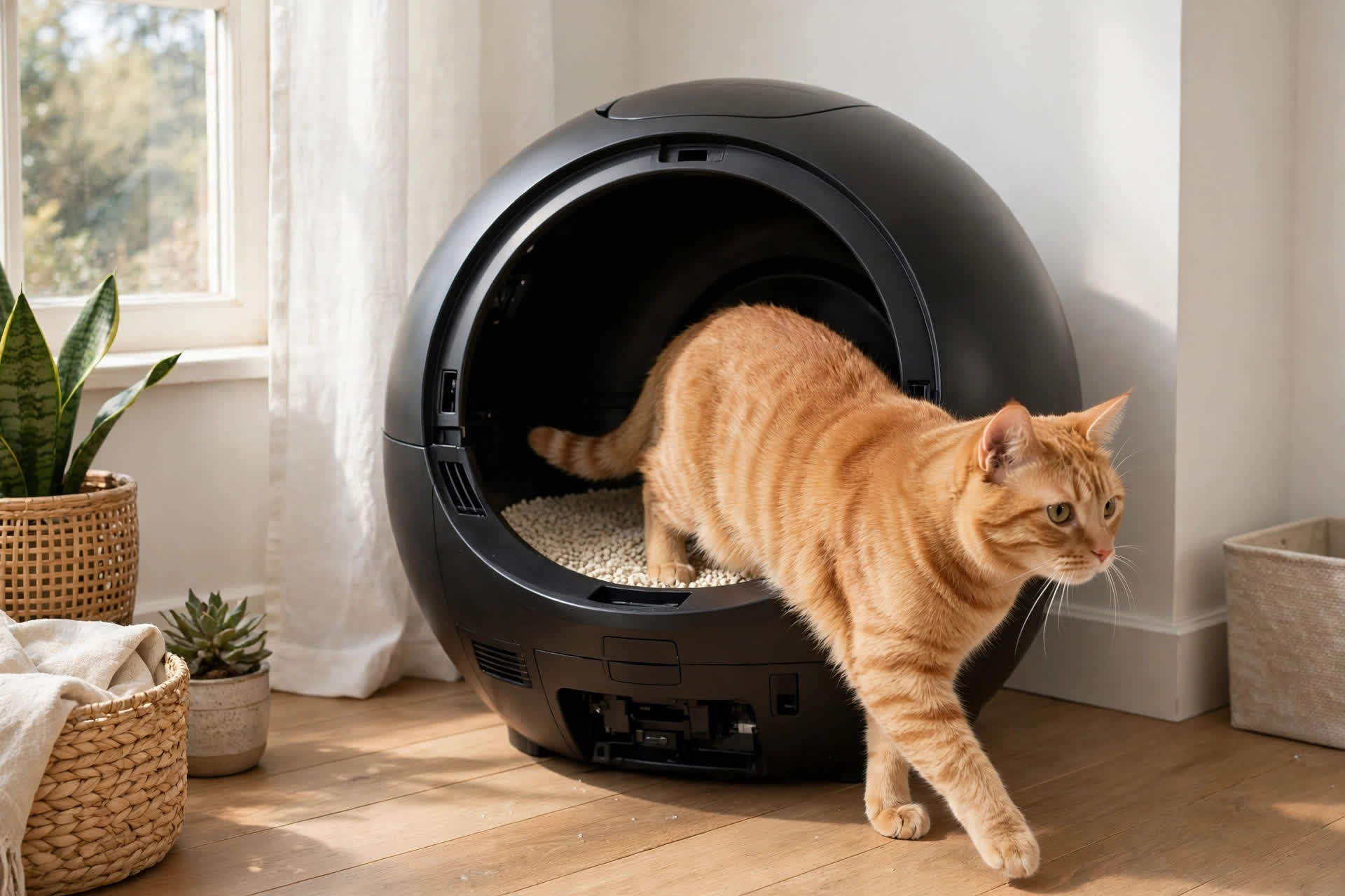Ginger cat stepping out of the Litter-Robot 4 after using it