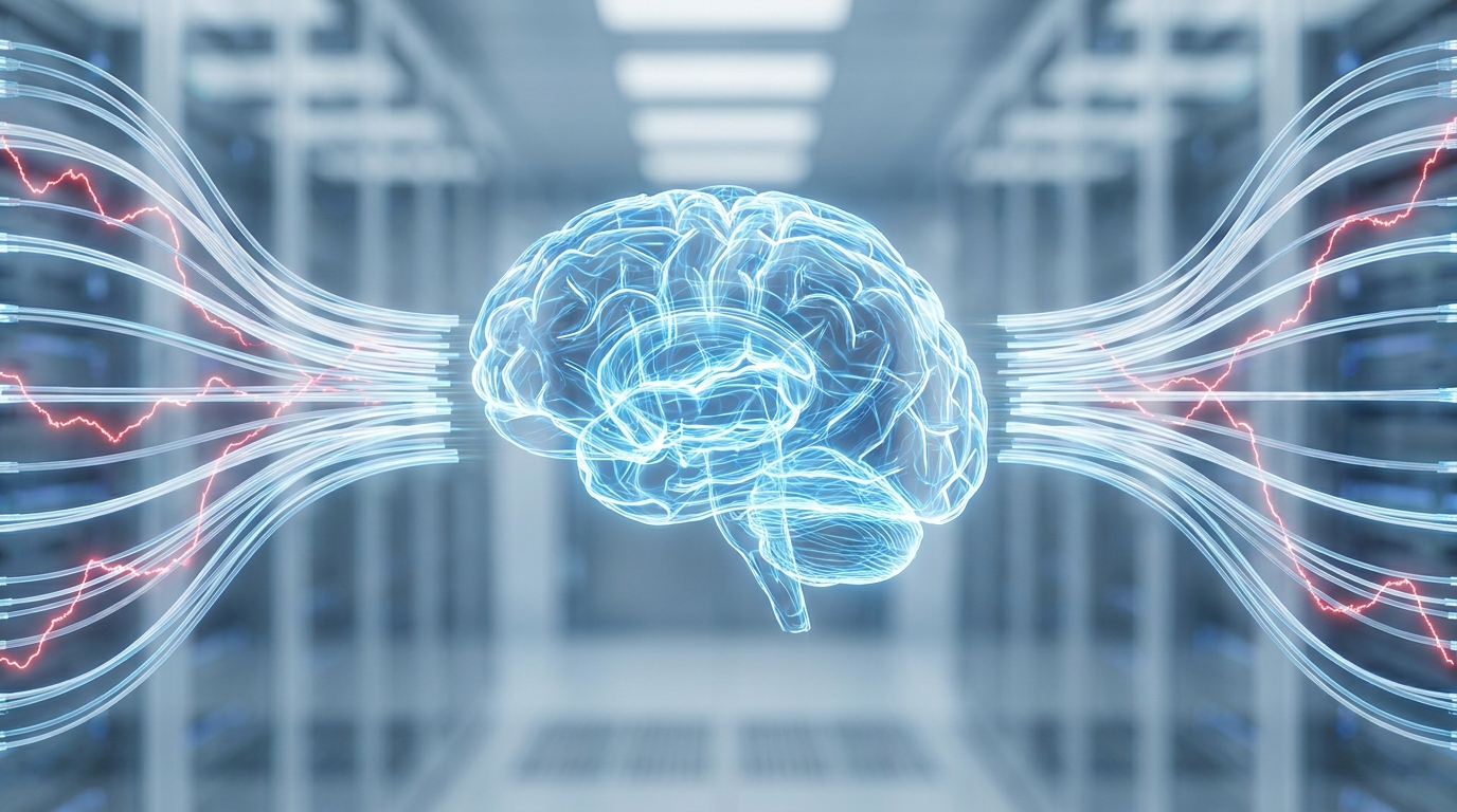 Abstract AI brain with red lines attempting to infiltrate data, symbolizing prompt injection risks in Agentic AI Security.