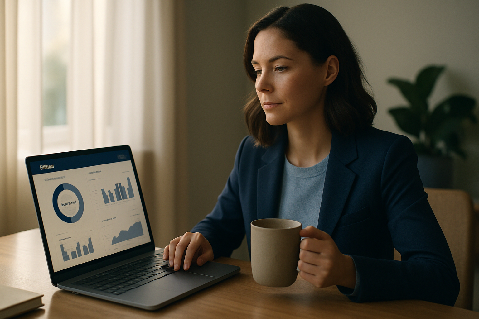 Confident investor reviewing a simple dashboard at home