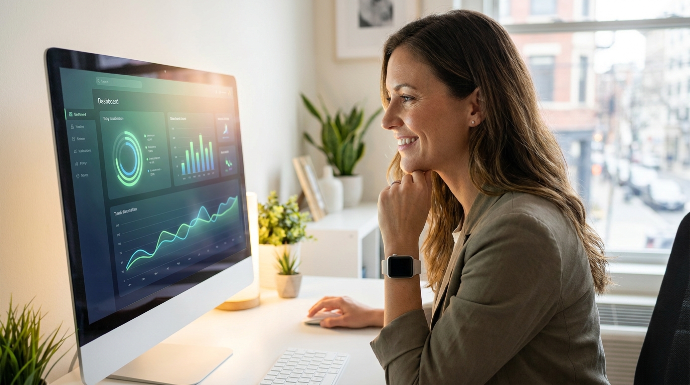 Small business owner reviewing OpenAI Presence AI agent performance metrics on a dashboard.