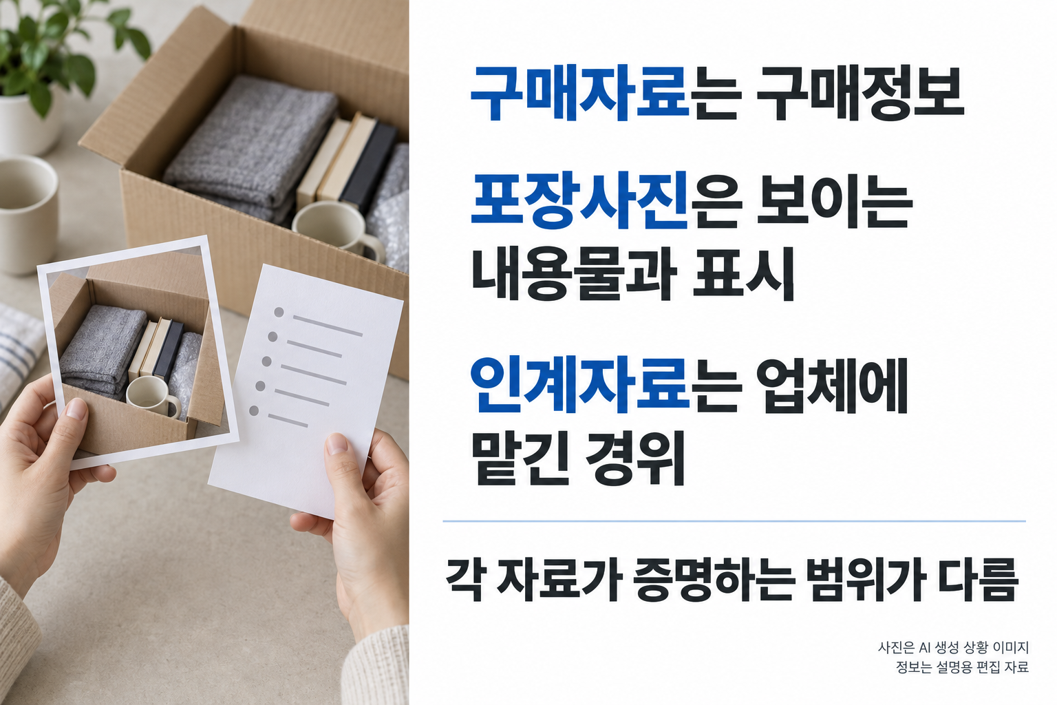 모형 포장 사진과 목록을 대조하는 손 근접 사진 옆 큰 세 줄: 구매자료는 구매정보 / 포장사진은 보이는 내용물과 표시 / 인계자료는 업체에 맡긴 경위. 각 자료가 증명하는 범위가 다름을 크게. 빈칸 양식과 반복 화살표 제거.