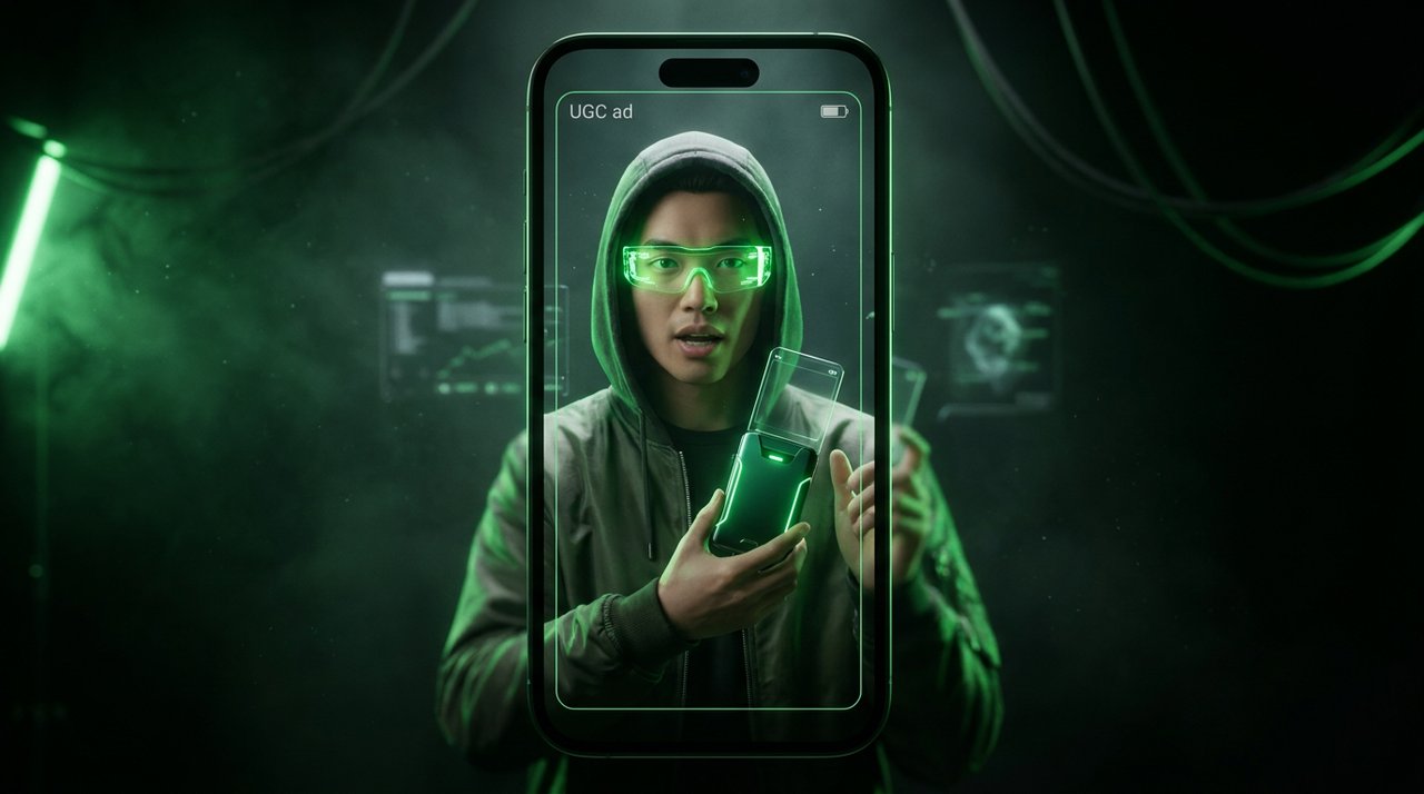 An AI avatar talking-head UGC ad with a Hook, Problem, Solution, CTA script breakdown