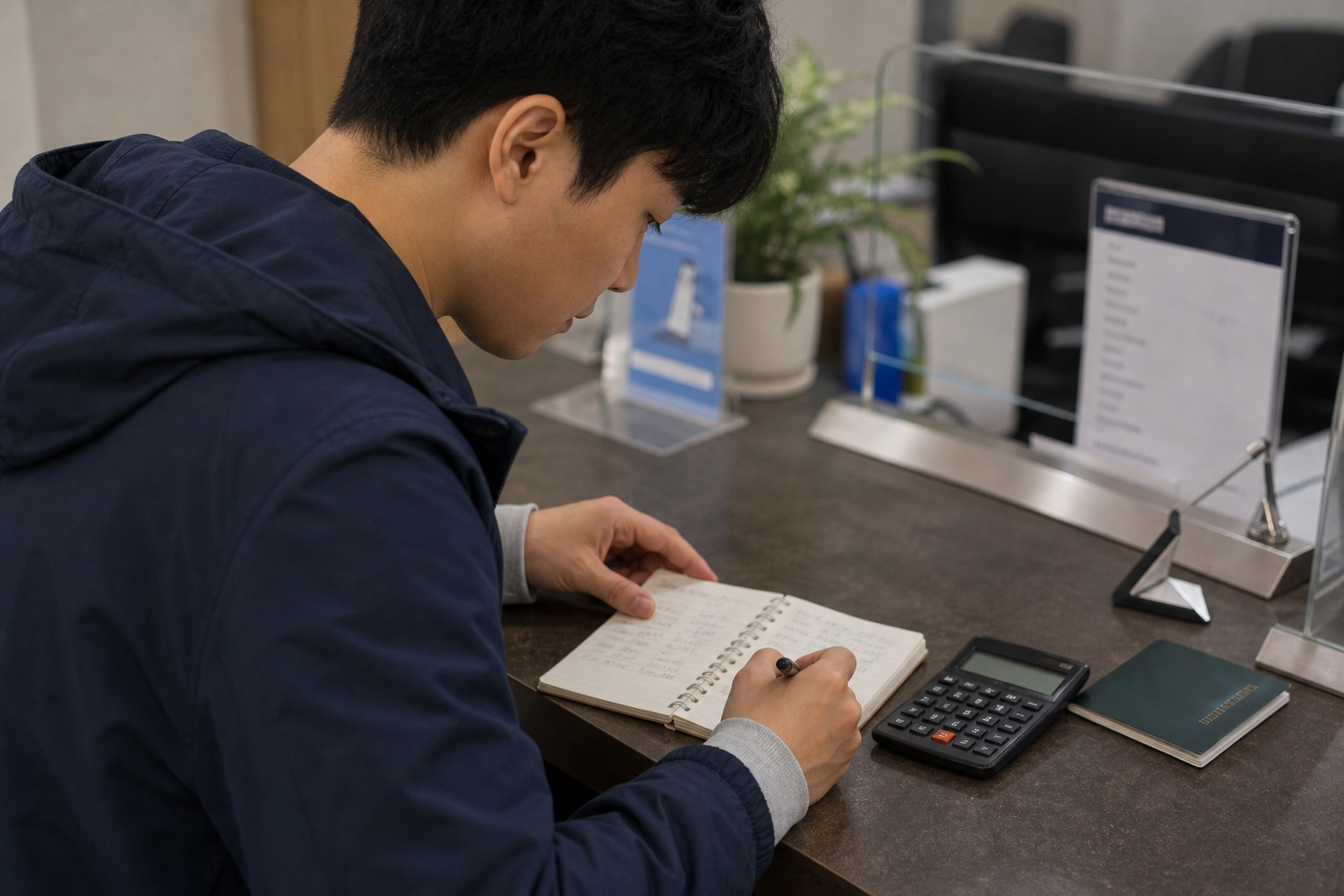 여행 예산 노트에서 1,000달러 환전 비용을 계산하는 장면