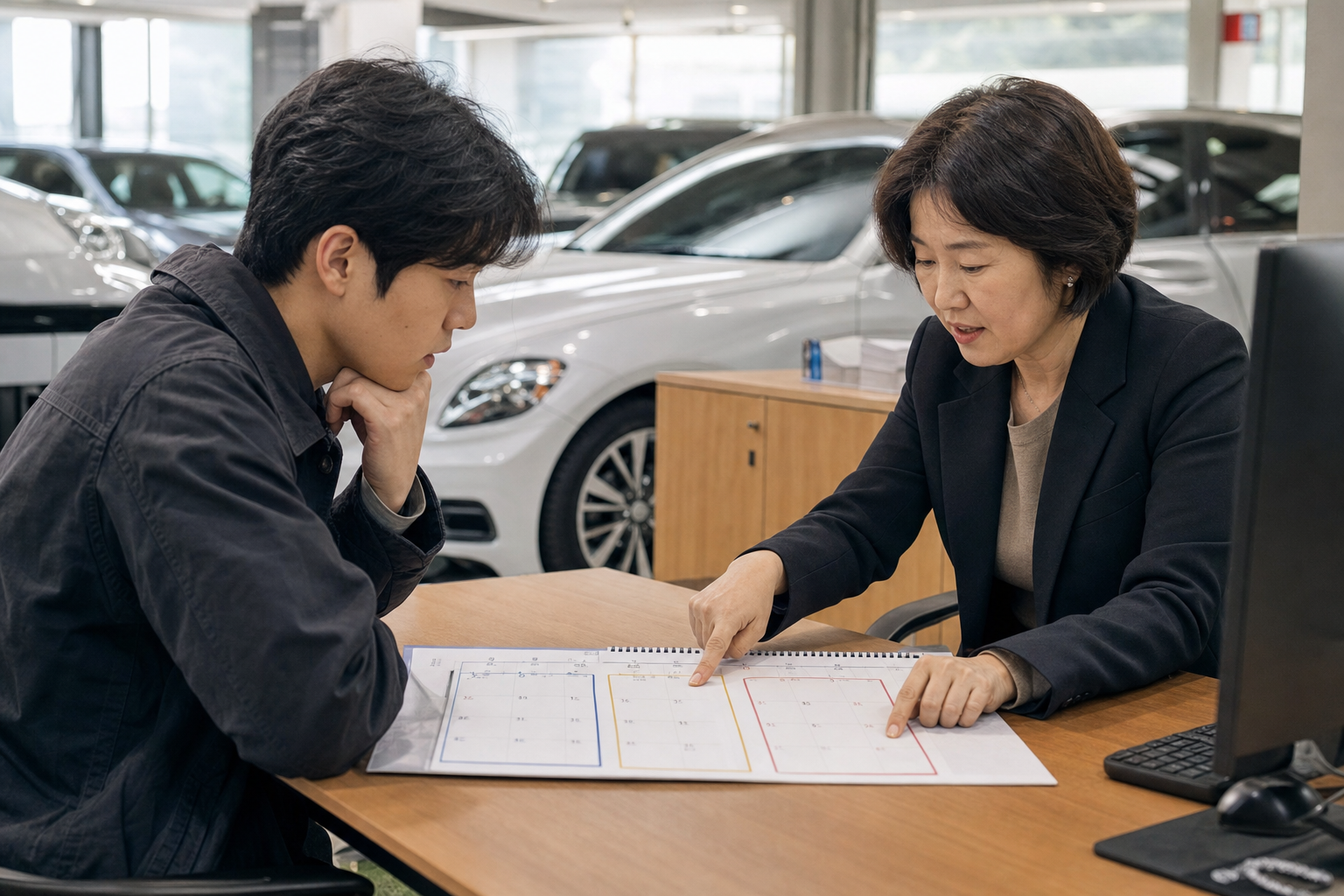 유효기간 만료일과 검사기간 종료일을 달력에서 구분하는 중고차 구매자
