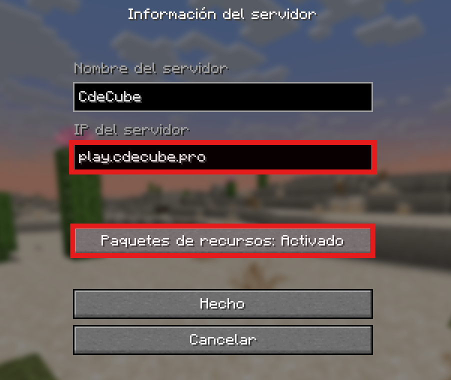 Paso 3 para conectar a CdeCube Network: Ingresar la IP play.cdecube.pro