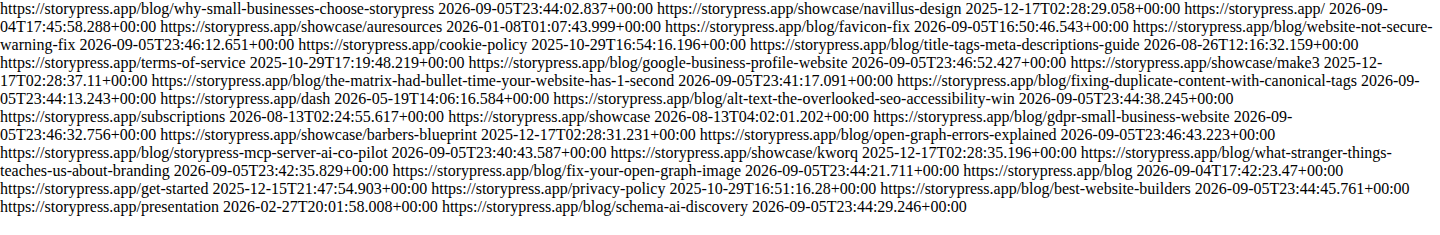 Sitemap.xml open in a browser showing page URLs and timestamps