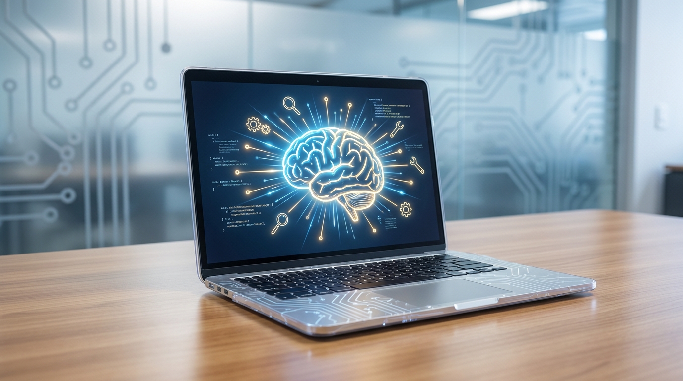 Laptop screen showing a glowing brain icon with tool icons and code, symbolizing private AI agents on-device.